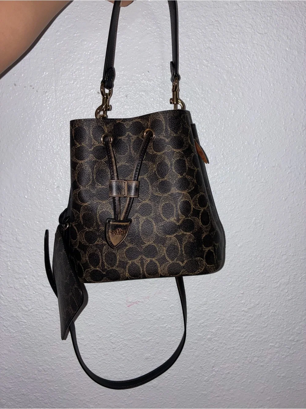 Coach Brown Signature Drawstring Crossbody Bucket Bag with Gold Hardware